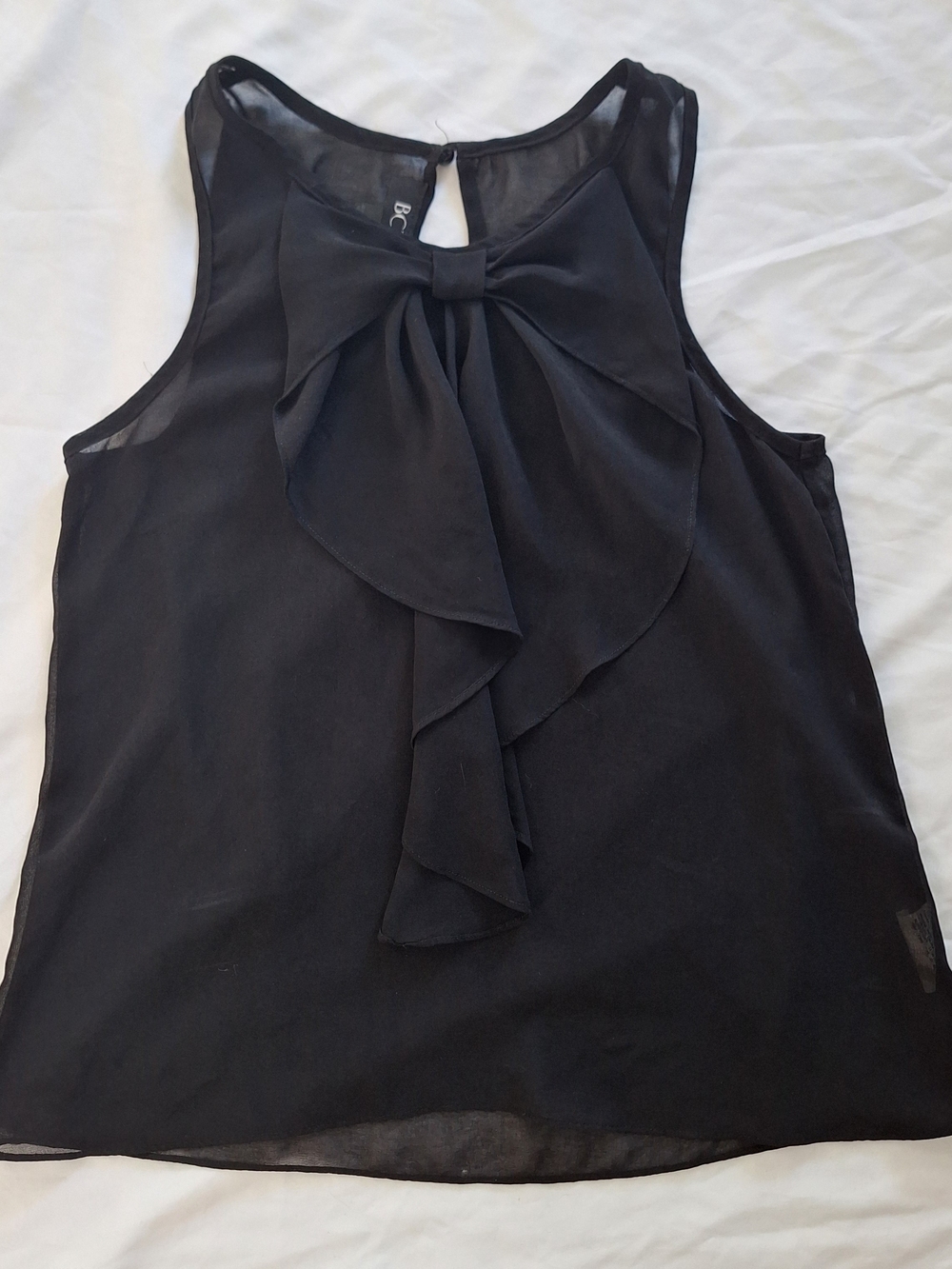 BCX Black Sheer Chiffon Bow Front Sleeveless Round Neck Button Tank S